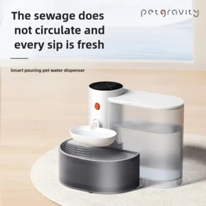 PetGravity smart cat water dispenser, USB rechargeable with detachable lithium battery, operates at ≤36V, providing automatic flowing water for cats.